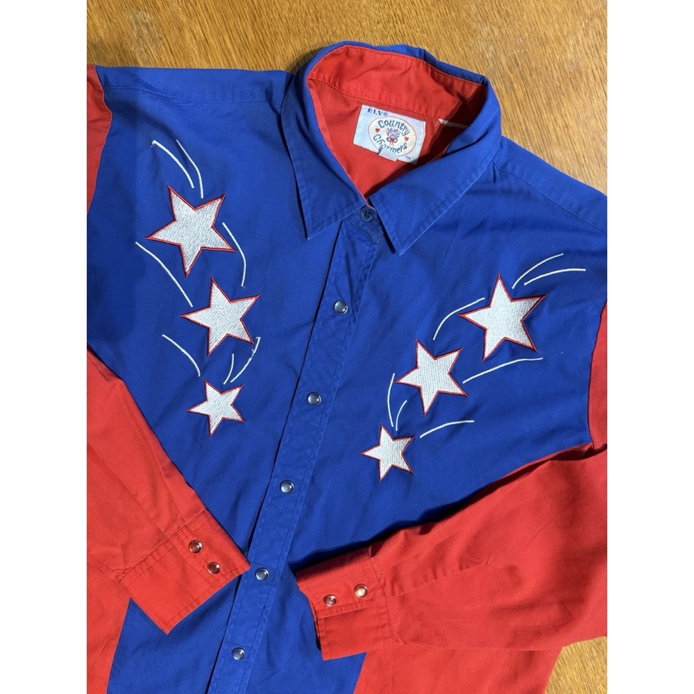 VTG Ely‎ Country Charmers Western Shirt Womens L Patriotic Red White Blue Stars